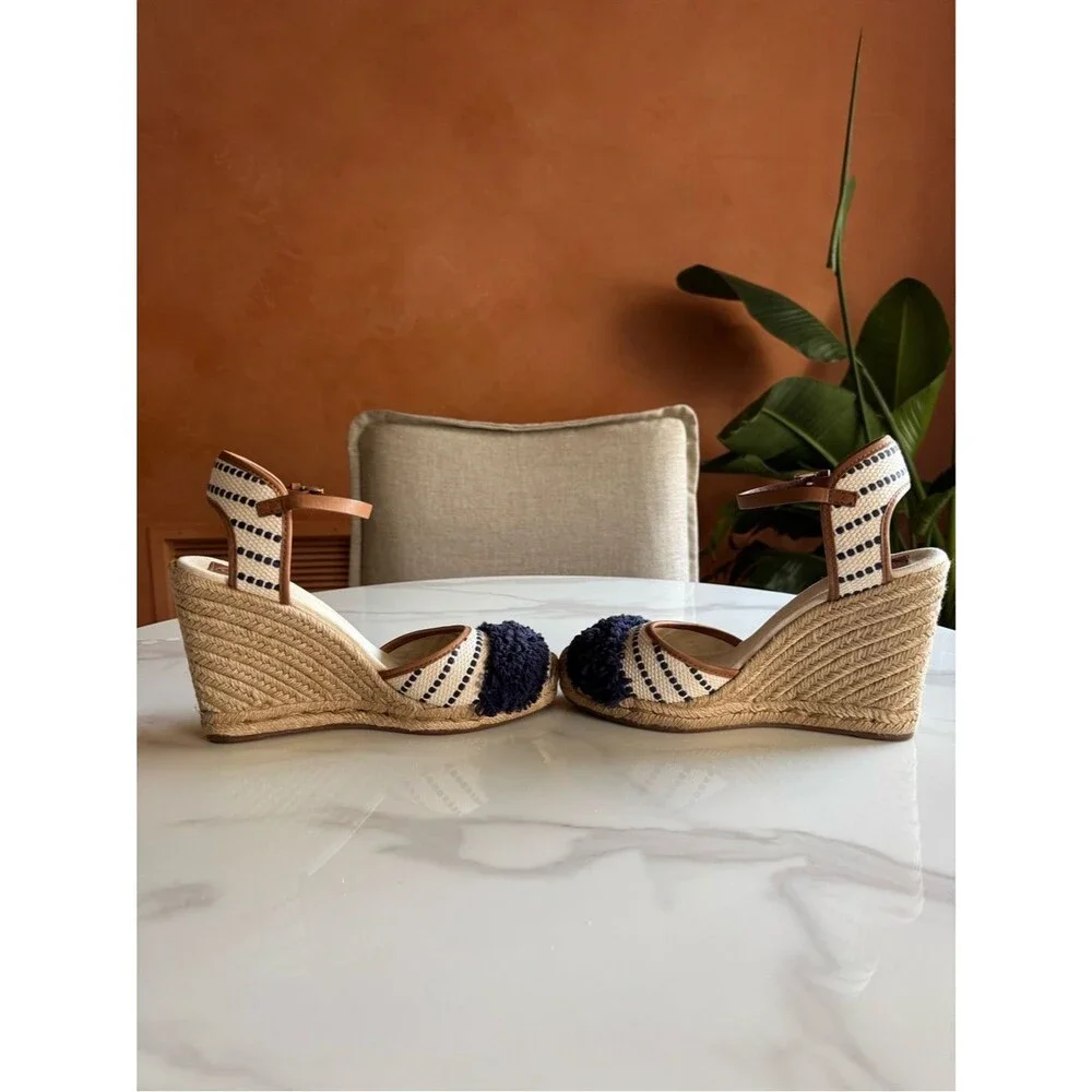 Tory Burch Navy Fringe Espadrille Wedge Sandals Coastal Resort 11